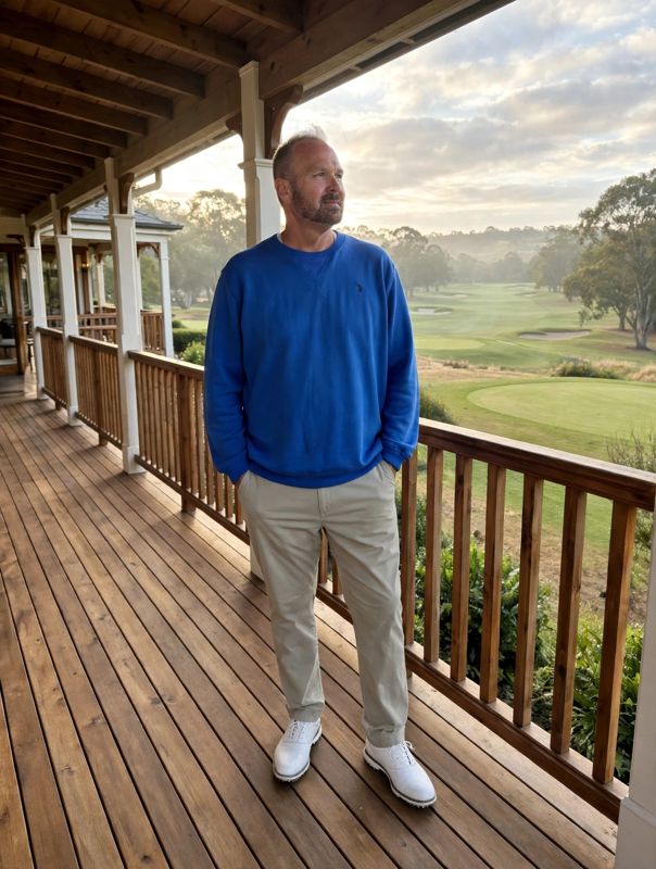 Standing on a clubhouse veranda overlooking a misty golf course, blue sweater
