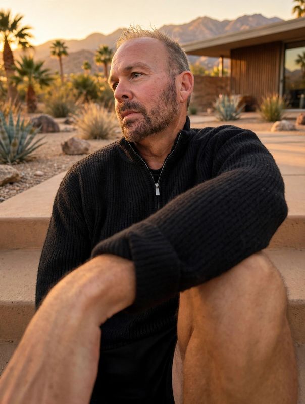 Seated on desert steps at golden hour, black knit quarter-zip